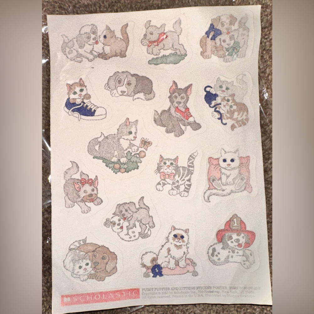 Vintage 1992 Scholastic Fuzzy Puppies & Kittens Large Sticker Sheet